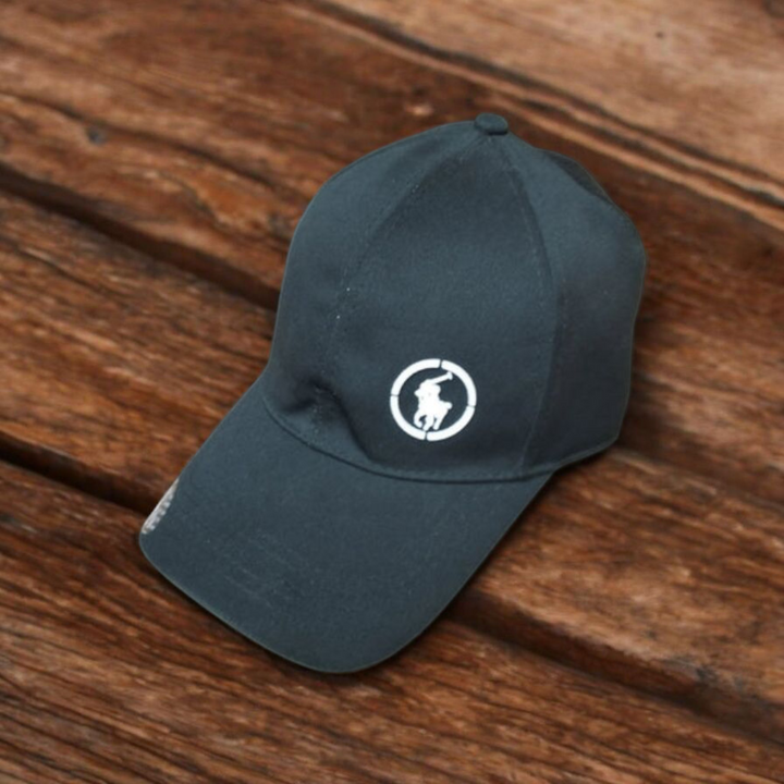 MENS CLASSIC BLACK BLACK POLO- INSPIRED BASEBALL CAP-EMBROIDERED RIDER LOGO