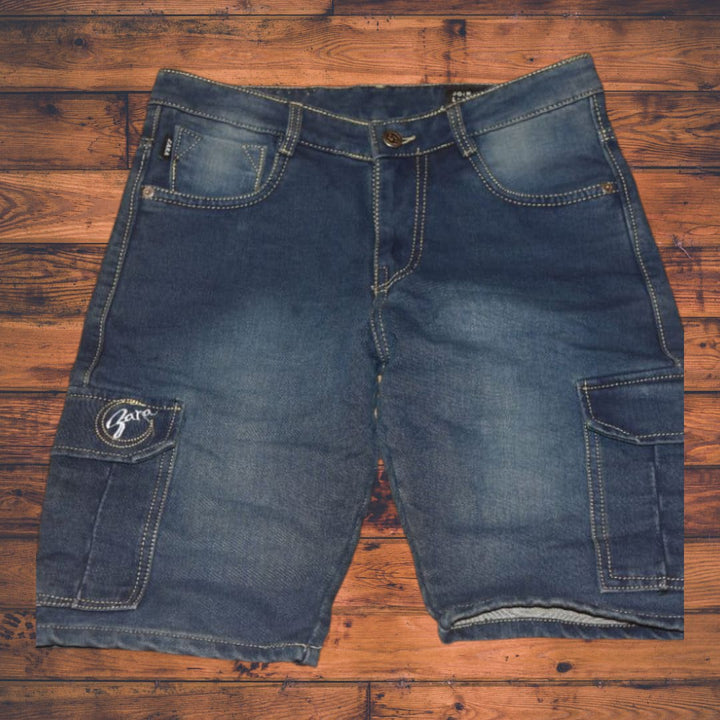 mens casual denim cargo shorts- mid wash blue