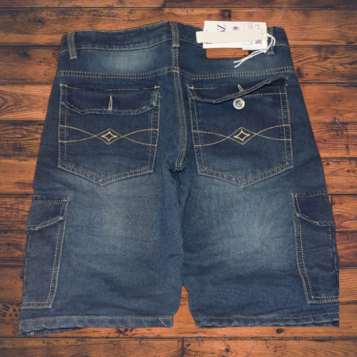 mens casual denim cargo shorts- mid wash blue