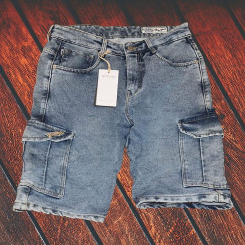 Mens blue denim cargo shorts-casual mid-length with utility pockets