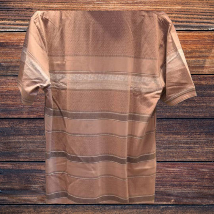 mens casual polo shirt-brown stripped pattern with chest pocket