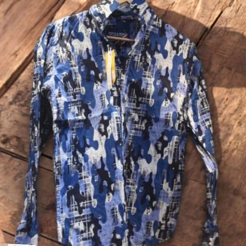 Mens long sleeve slim fit printed casual shirt- blue camo plaid fusion