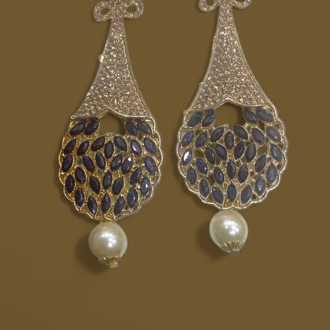 ELEGANT gold plated tear drop Earrings with black stones and PEARL DROP