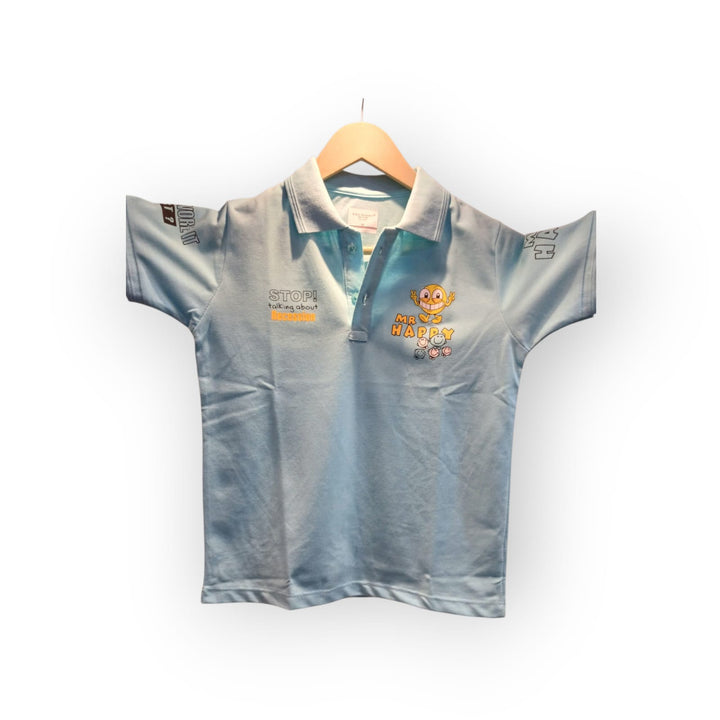 Kids Light Blue Mr Happy Cartoon Graphics polo T-Shirt