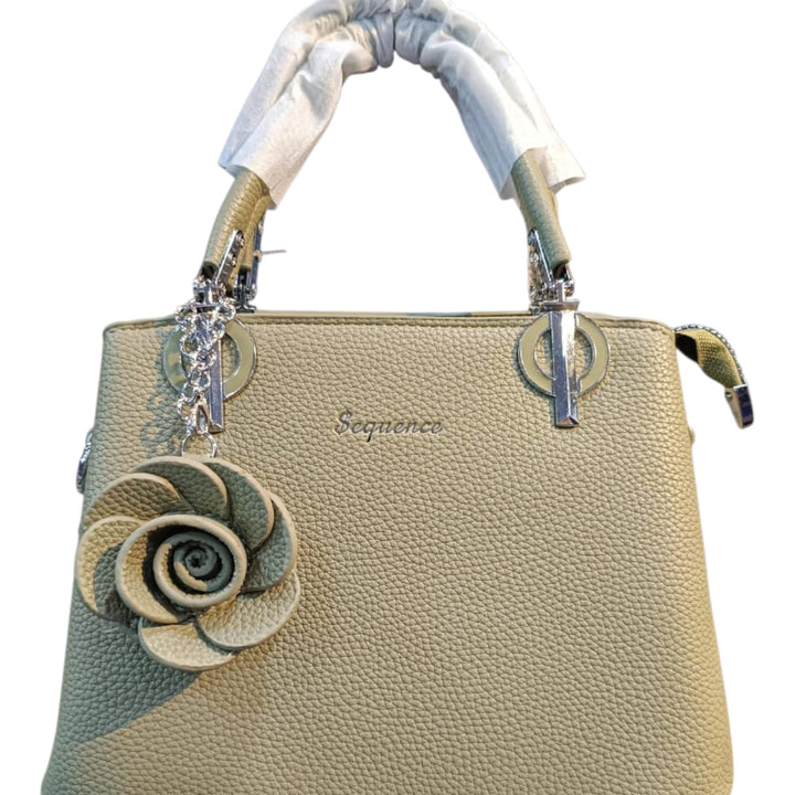 Elegant Faux Leather HandBag With Floral Charm -Light Olive Green