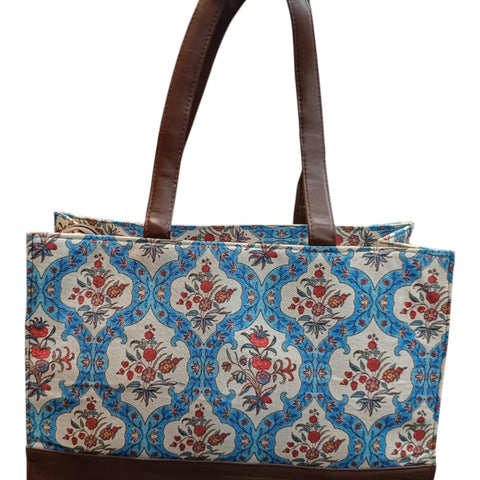 Ethnic Print Canvas tote Bag With faux leather Accents
