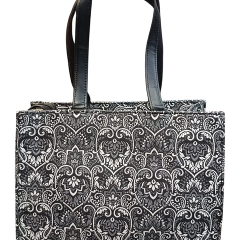 Elegant Black & white Floral Printed handbag With faux Leather Handles