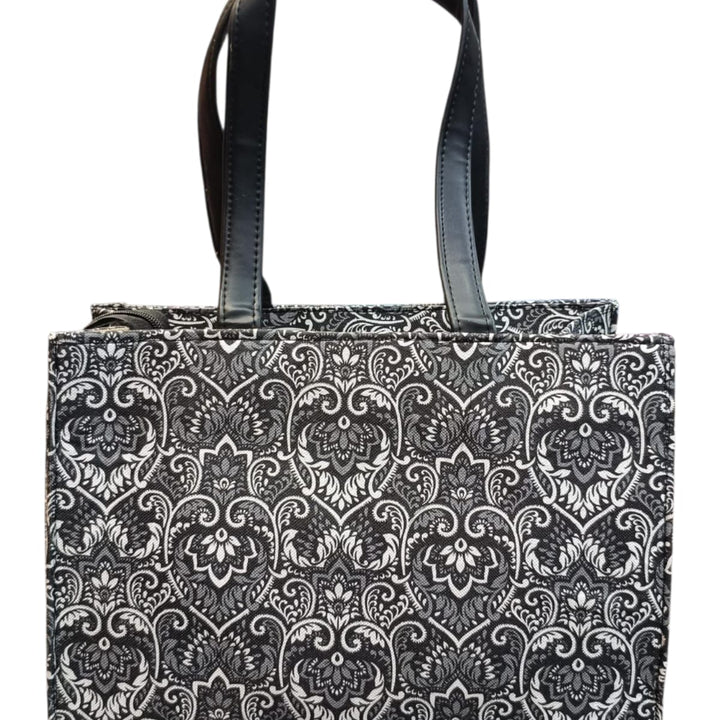 Elegant Black & white Floral Printed handbag With faux Leather Handles