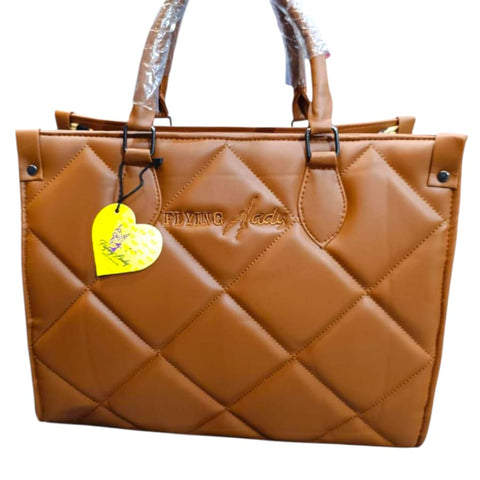 Flying Lady Quilted FauxLeather HandBag -Tan