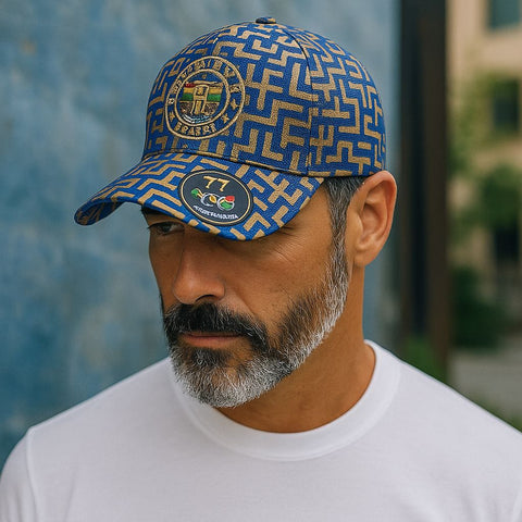 Bold Blue &Gold Patterned BaseBall Cap-Embroidered Designer Logo-Made in Bangladesh