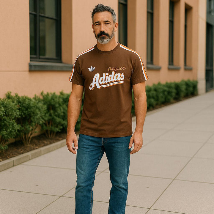 Brown Adidas Originals Graphic T-shirt with Striped Sleeves