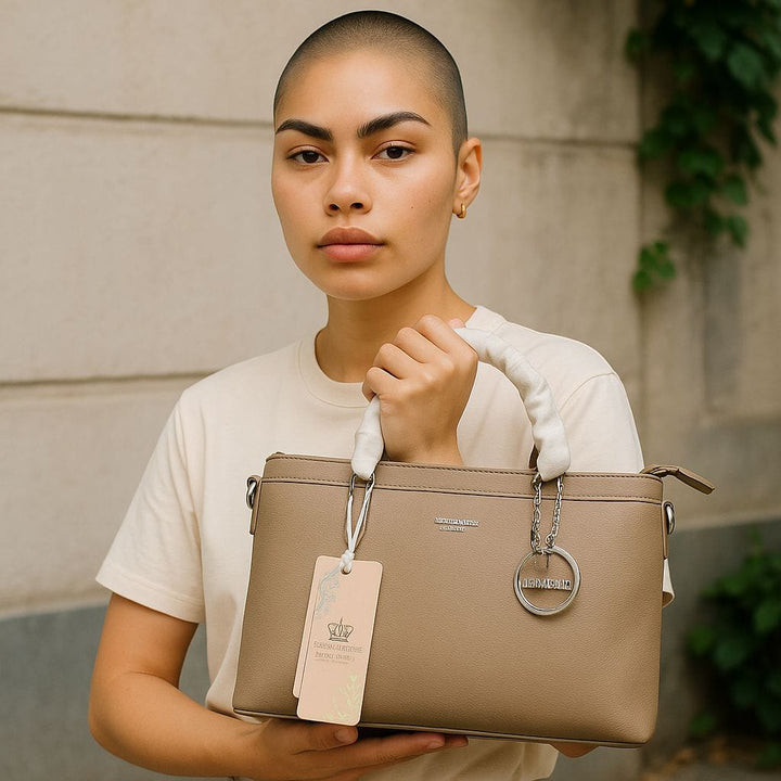 Classic Taupe Structured Tote Bag With Top Handles