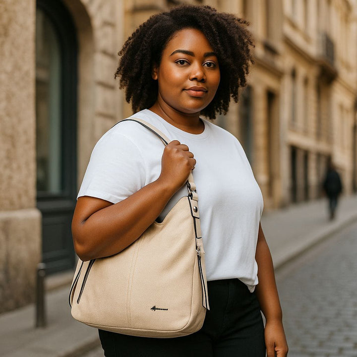 Elegant Beige Canvas Shoulder Bag With Adjustable Strap