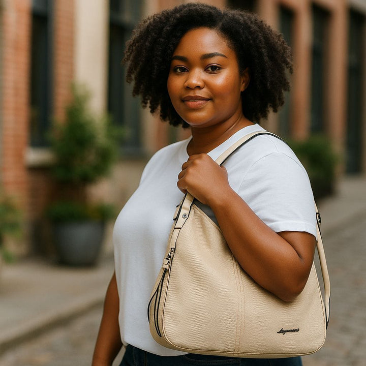 Elegant Beige Canvas Shoulder Bag With Adjustable Strap