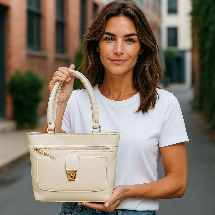 Classic Beige Leather Shoulder Bag With Front Pocket