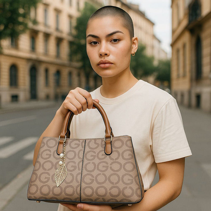 Signature Monogram Tote Bag With Dual Handles & Gold Leaf Charm