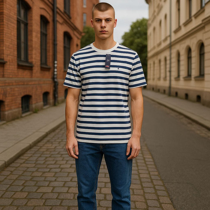 Mens Classic Navy &White Striped Crew Neck T-shirt
