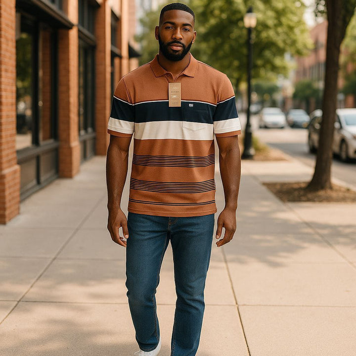 Mens Casual Striped Polo Shirt-Chestpocket Short Sleeve