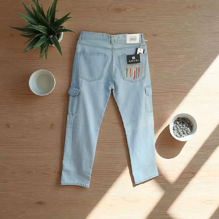 Amiri Mens Light Blue Cargo Denim Jeans  With Embroidered Detail With Side Pocket Size32