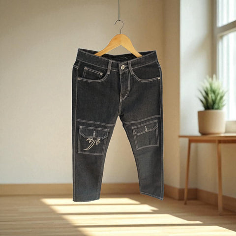 Mens Black Denim Cargo Jeans With Palm Leaf Embroidery