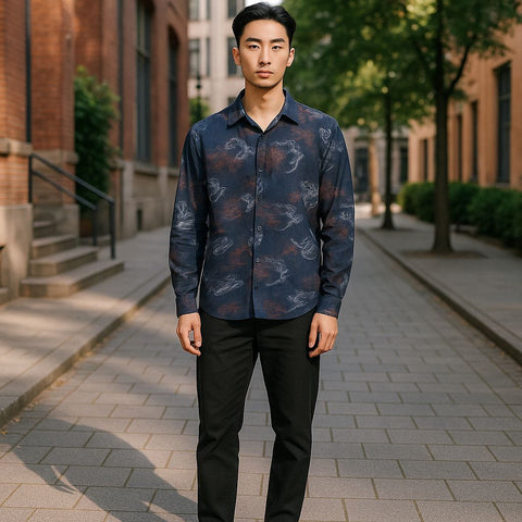 Mens Navy Blue Artistic Printed Casual  Shirt Size Xl