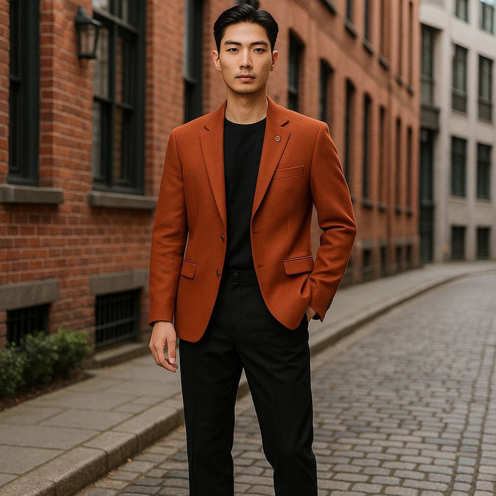 Mens Rust Brown Formal Blazer With Notch Lapel & Crest Pin
