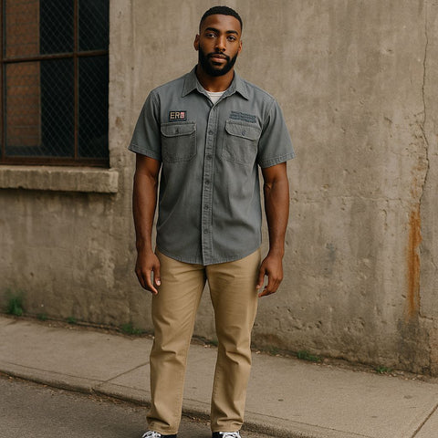 Mens Vintage Military Inspired Short Sleeve Shirt-Charcoal Grey SizeXl