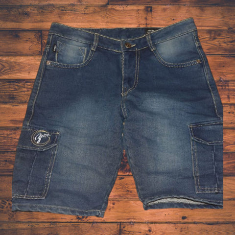 mens casual denim cargo shorts- mid wash blue