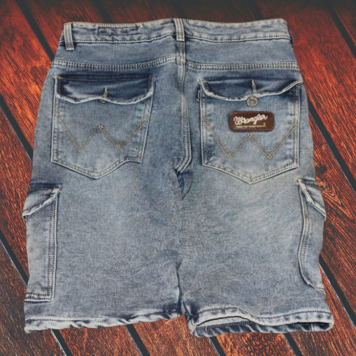 Mens blue denim cargo shorts-casual mid-length with utility pockets