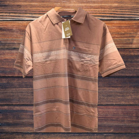 mens casual polo shirt-brown stripped pattern with chest pocket