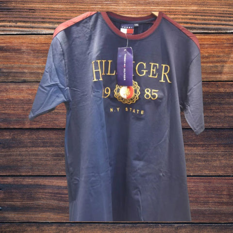 Mens tommy hilfiger graphic t-shirt-navy blue with shoulder stripe& hilfiger 1985 print