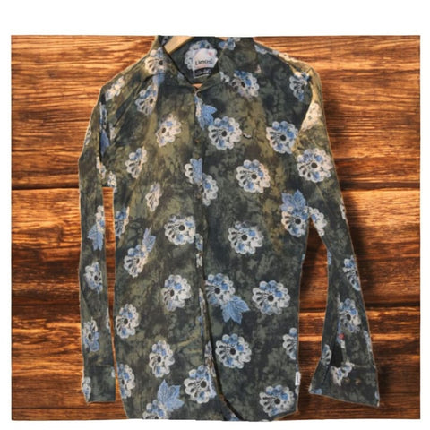 Mena slim fit long sleevefloral shirt-olive green with blue&whiteshirt