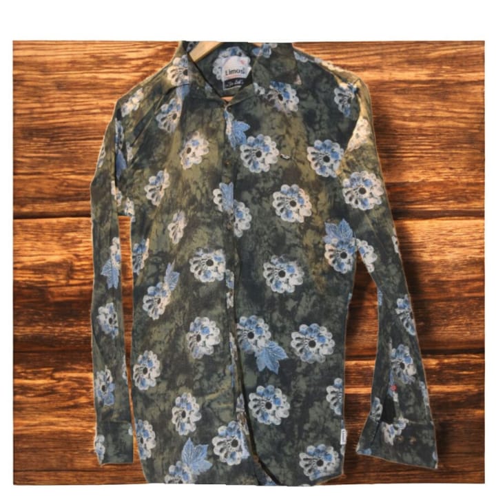 Mena slim fit long sleevefloral shirt-olive green with blue&whiteshirt