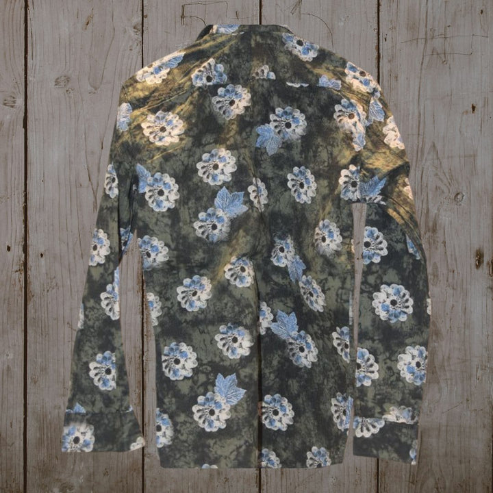 Mena slim fit long sleevefloral shirt-olive green with blue&whiteshirt