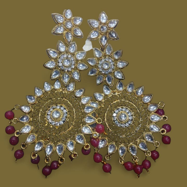 Elegant gold-plated kundan ChandBali Earrings With Ruby Beads Laher Design