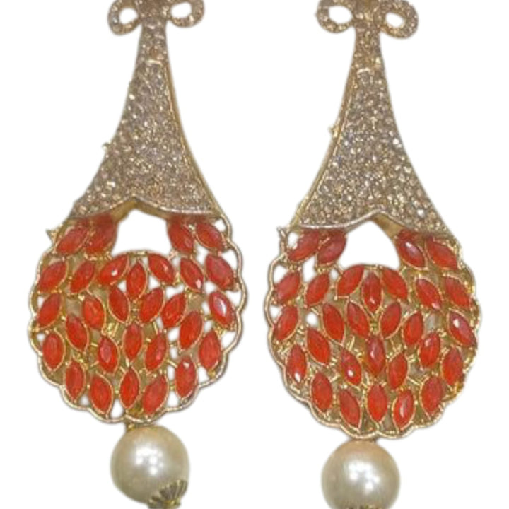 Elegant gold tone Red stone and pearl drop Earrings