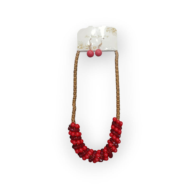Handcrafted beaded Necklace & earring set-red& gold
