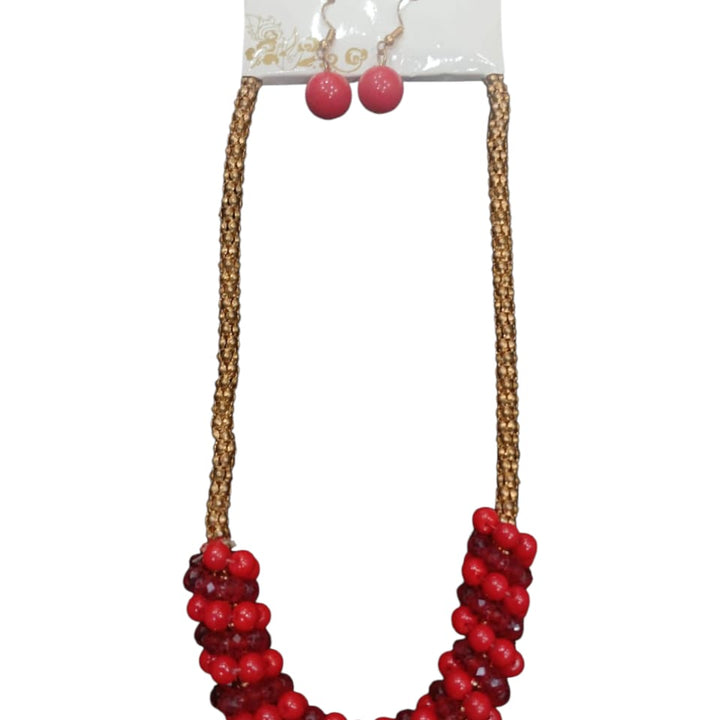 Handcrafted beaded Necklace & earring set-red& gold