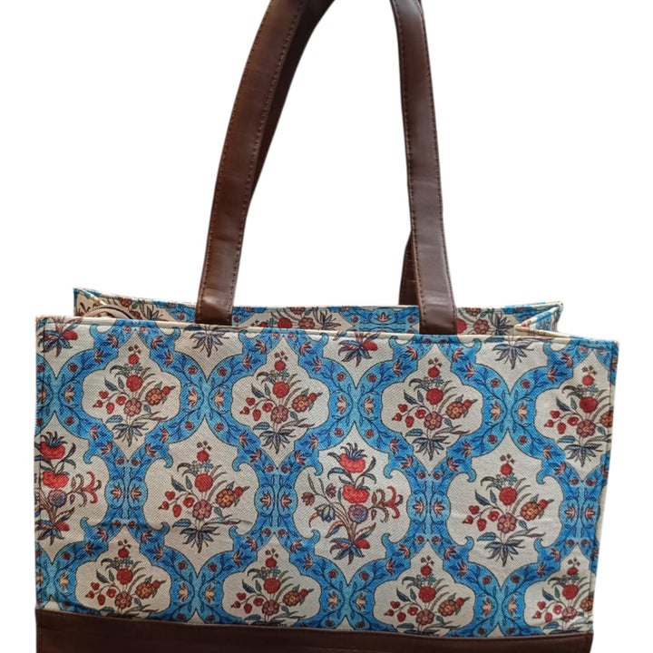 Ethnic Print Canvas tote Bag With faux leather Accents