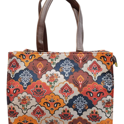 Ethnic Print Canvas tote Bag With Faux leather Accents