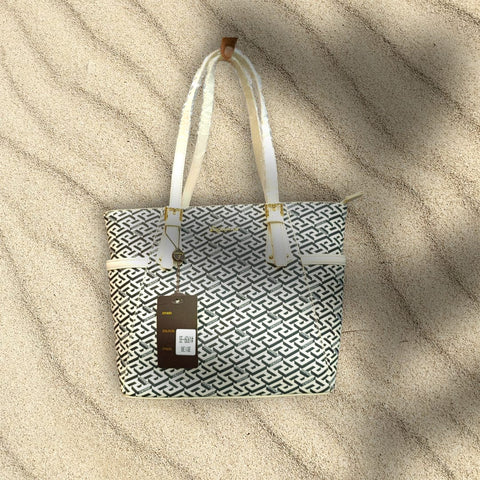 Elegant White& Black Geometric Pattern Tote Bag With Dual Handles