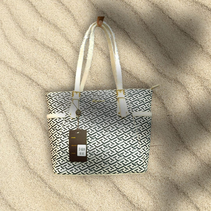 Elegant White& Black Geometric Pattern Tote Bag With Dual Handles