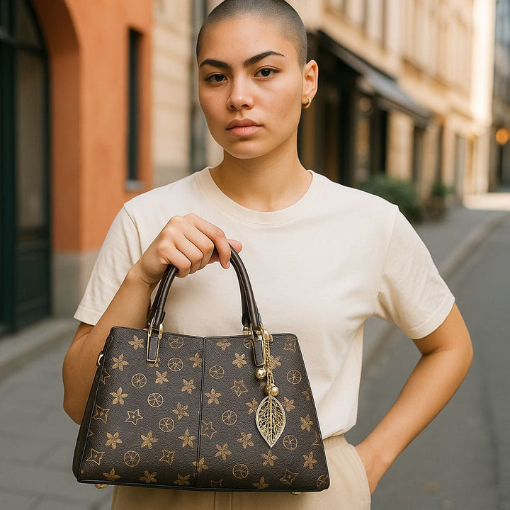 Elegant  Print HandBag With Dual Handles & leaf Charm