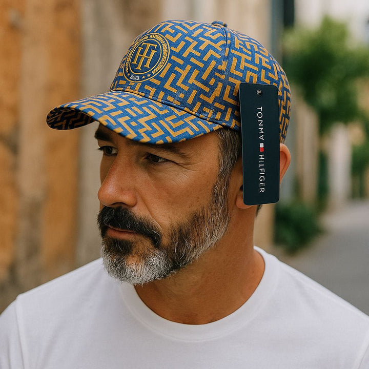 Bold Blue &Gold Patterned BaseBall Cap-Embroidered Designer Logo-Made in Bangladesh