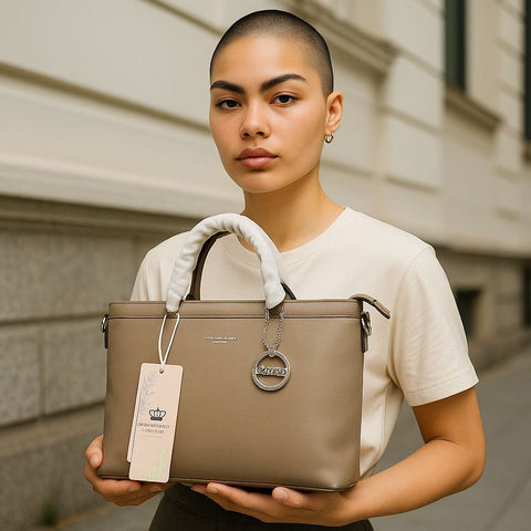 Classic Taupe Structured Tote Bag With Top Handles