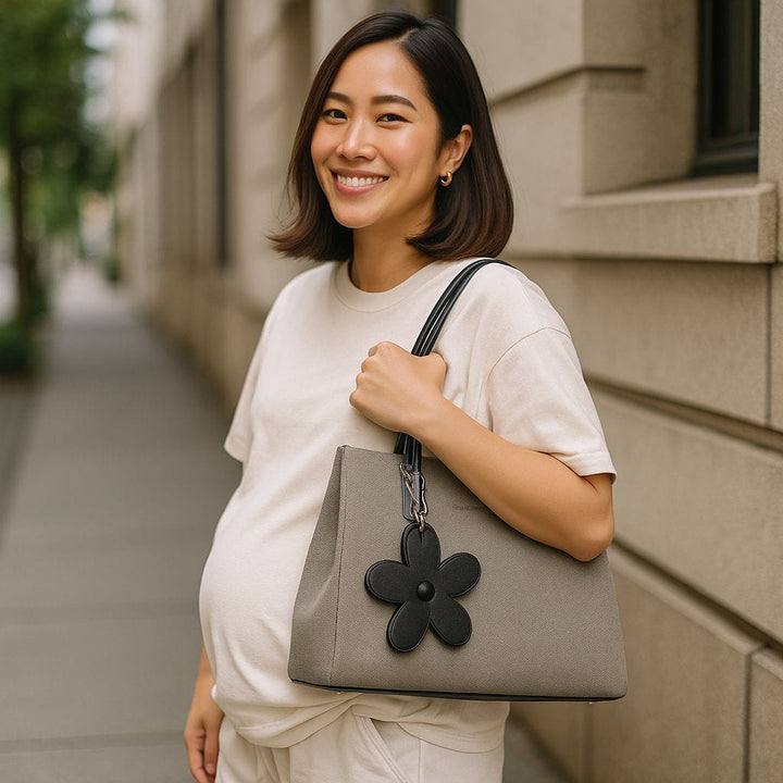 Elegant Taupe Structured Tote Bag With Black Flower Charm