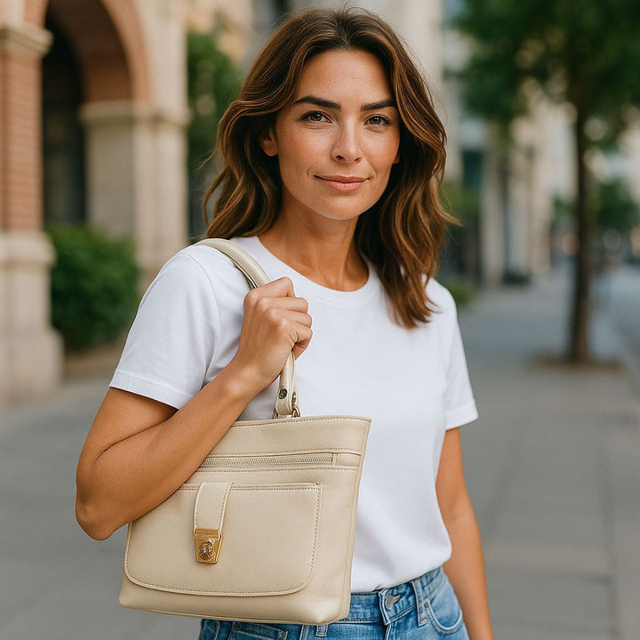 Classic Beige Leather Shoulder Bag With Front Pocket