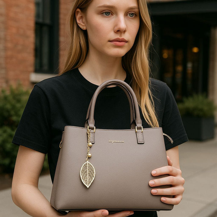 Elegant Taupe Structured Tote Bag  With Gold Leaf Charm