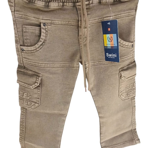 Kids Khaki Cargo Jogger Pants With Drawstring waist-Swini knitwears