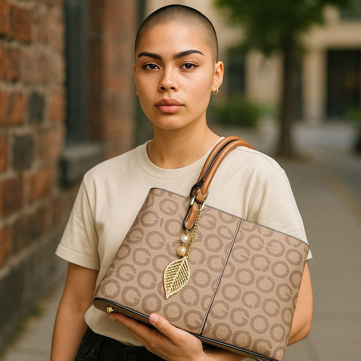 Signature Monogram Tote Bag With Dual Handles & Gold Leaf Charm